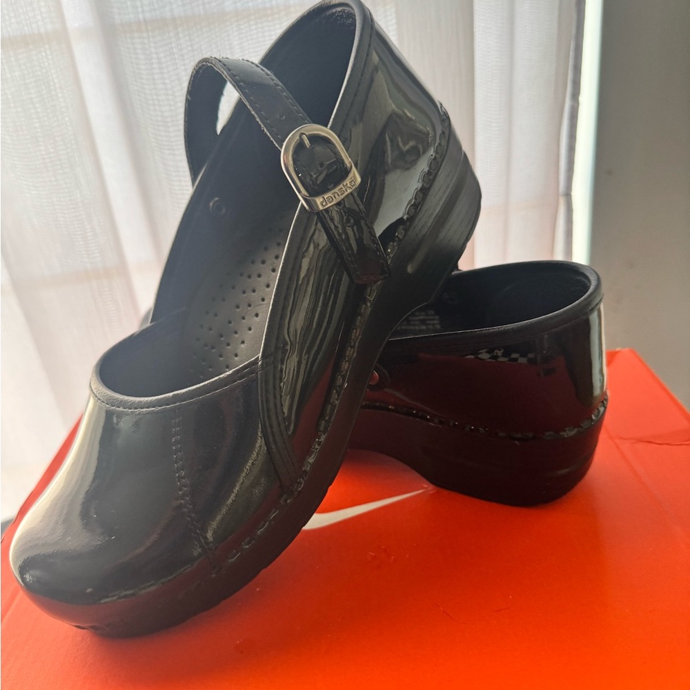 Dansko Black Patent Leather Mules